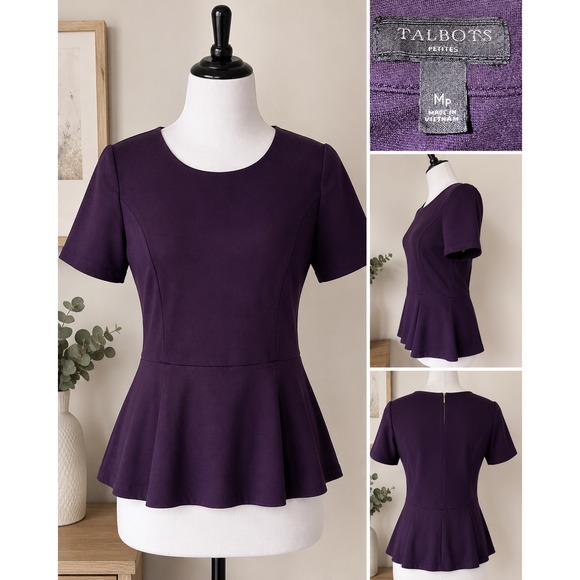 Talbots Tops - Talbots Petites Purple Peplum Top Short Sleeve Knit Gold Back Zip MP